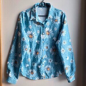 SHEIN Spring Daisy Print Button Down Shirt Size XL